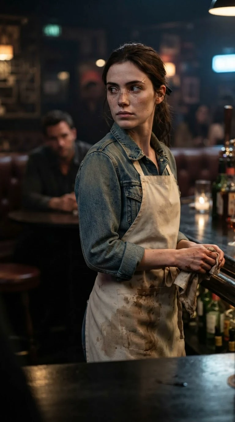 The brunette waitress lifts her head and looks across the bar toward a corner table.