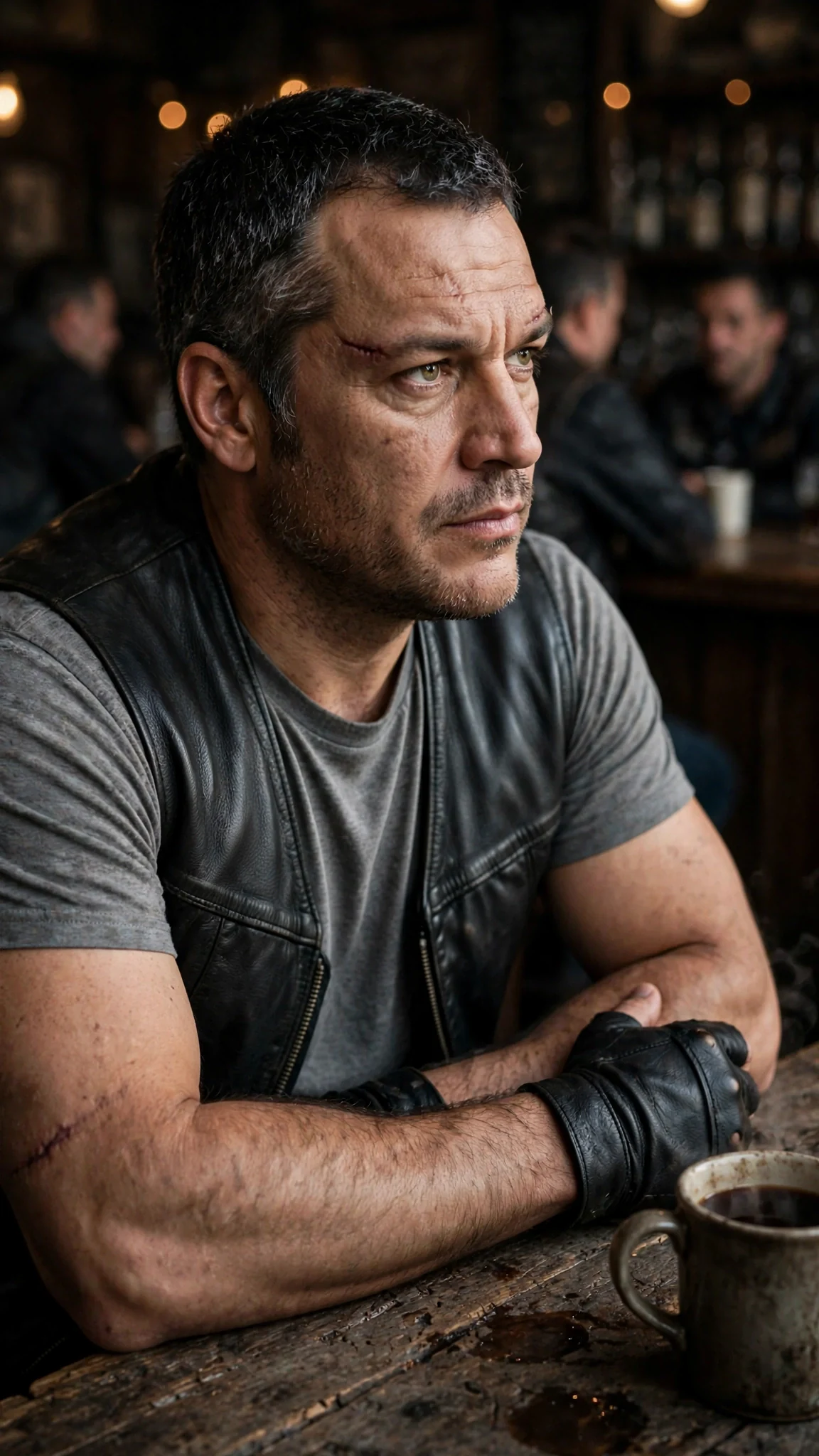 A broad-shouldered man in a club vest sits with coffee, watching the waitress.