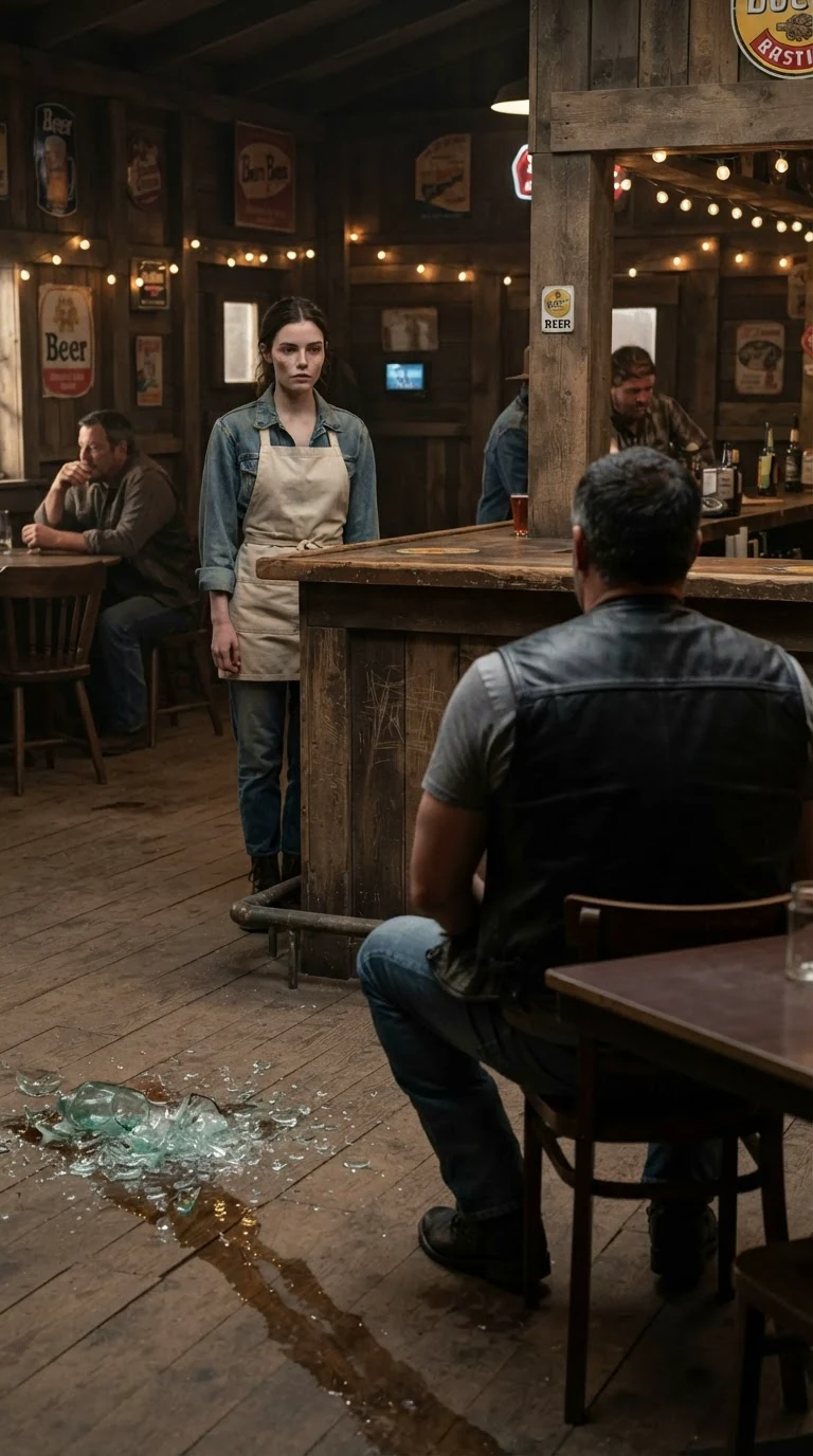 The two face each other across the room, him seated, her standing behind the bar.