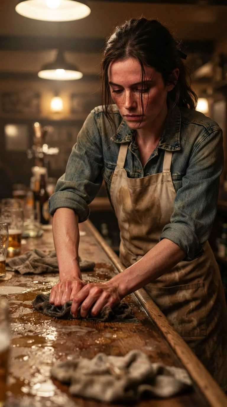 The waitress scrubs the counter, jaw tight, eyes lowered.