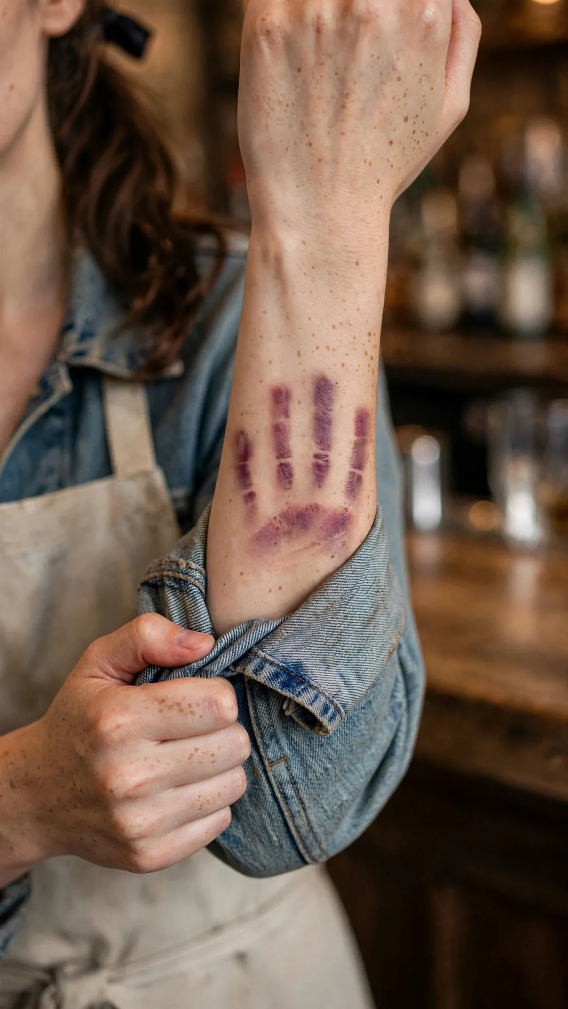 Four red finger marks on a slender wrist as a sleeve is pulled down over them.
