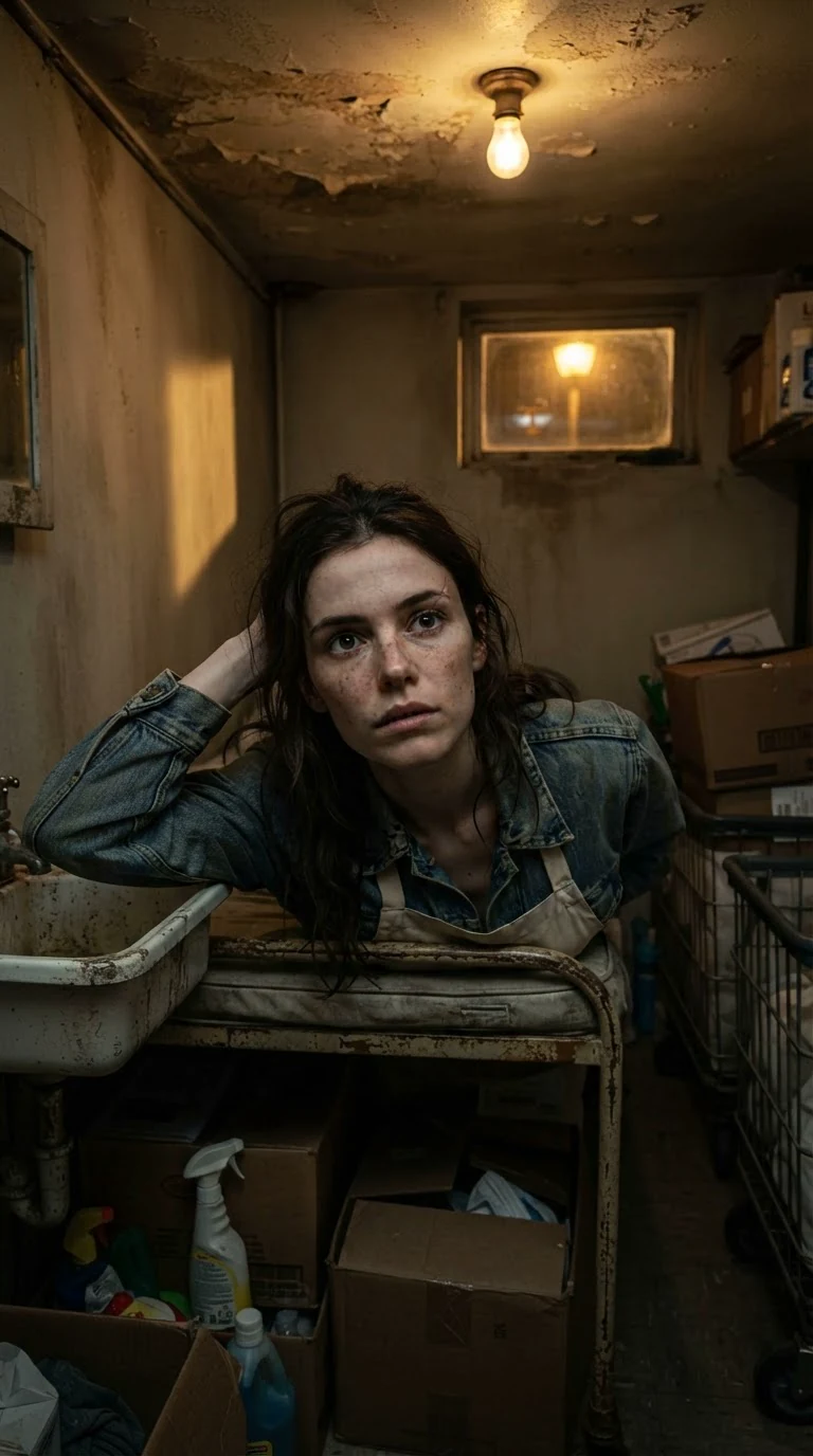The brunette lies awake on a narrow cot in a bare storeroom, staring at the ceiling.