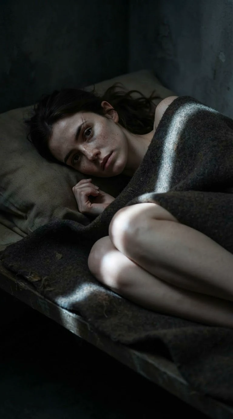 The woman lies still in the dark, eyes open, one hand curled at her chest.