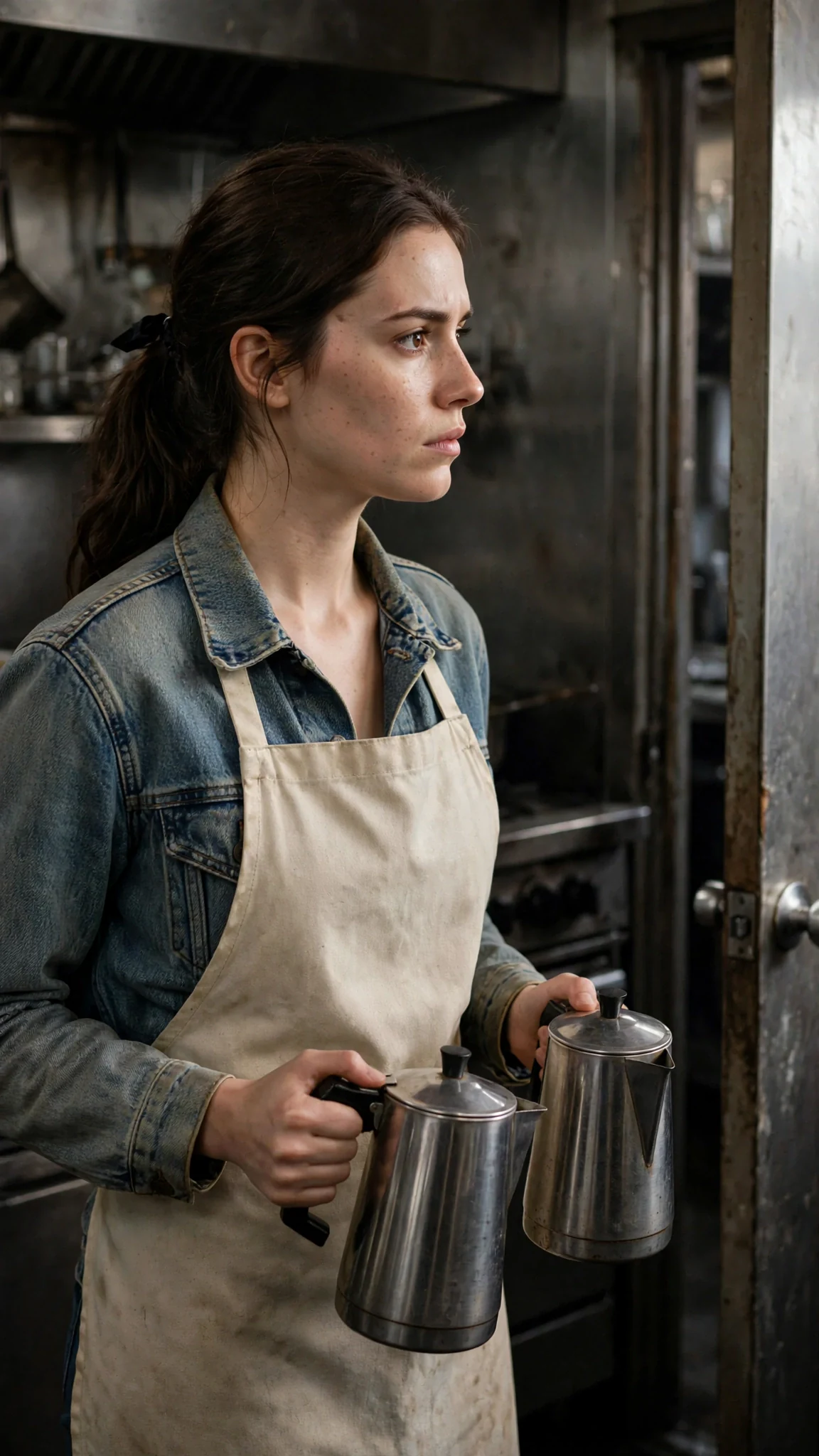 A wary young waitress stands in a roadhouse kitchen doorway holding two coffee pots, listening to voices from the office.