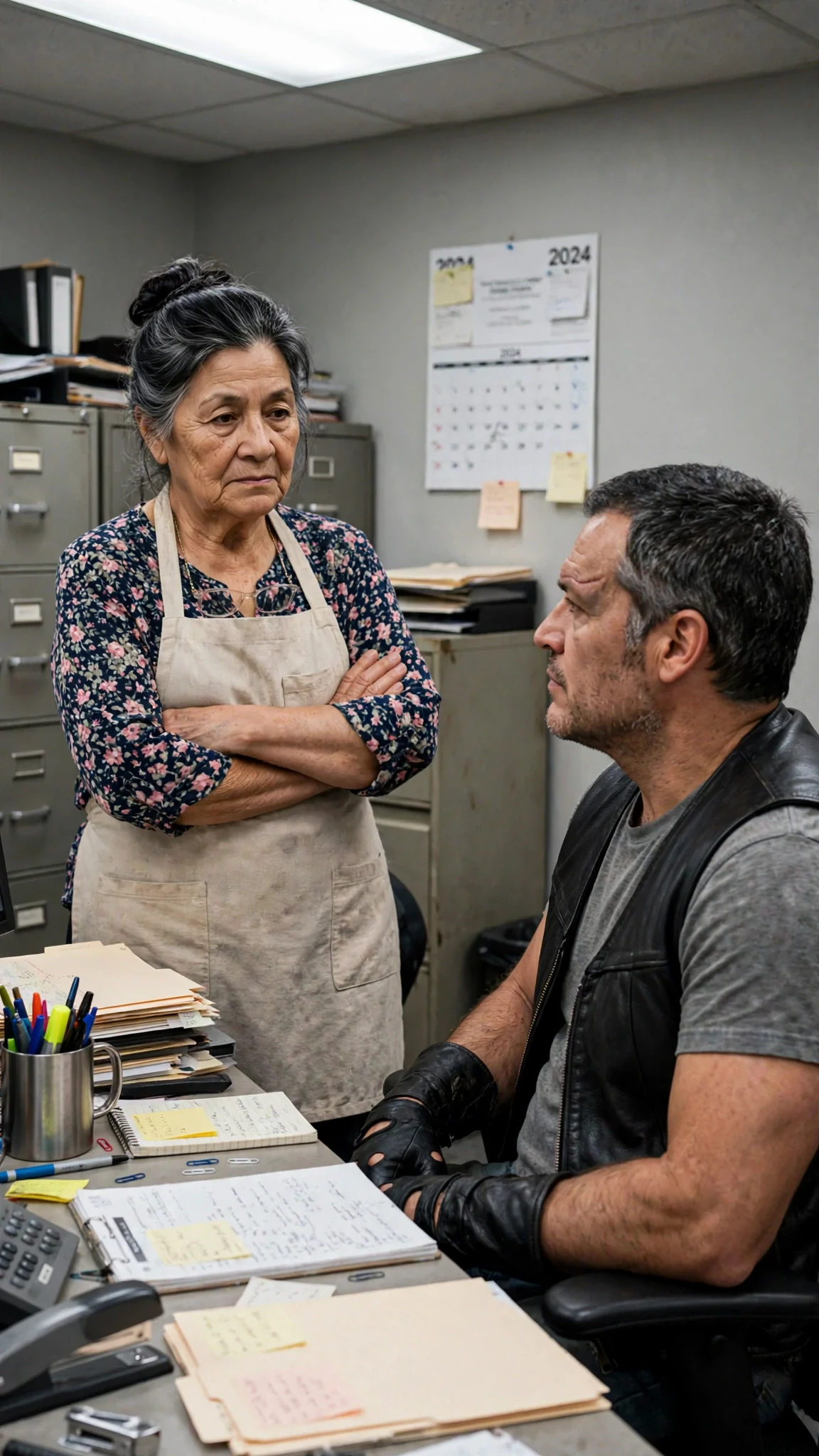A gray-haired woman in an apron stands behind a desk, arms crossed, facing a broad-shouldered biker seated in front of her.