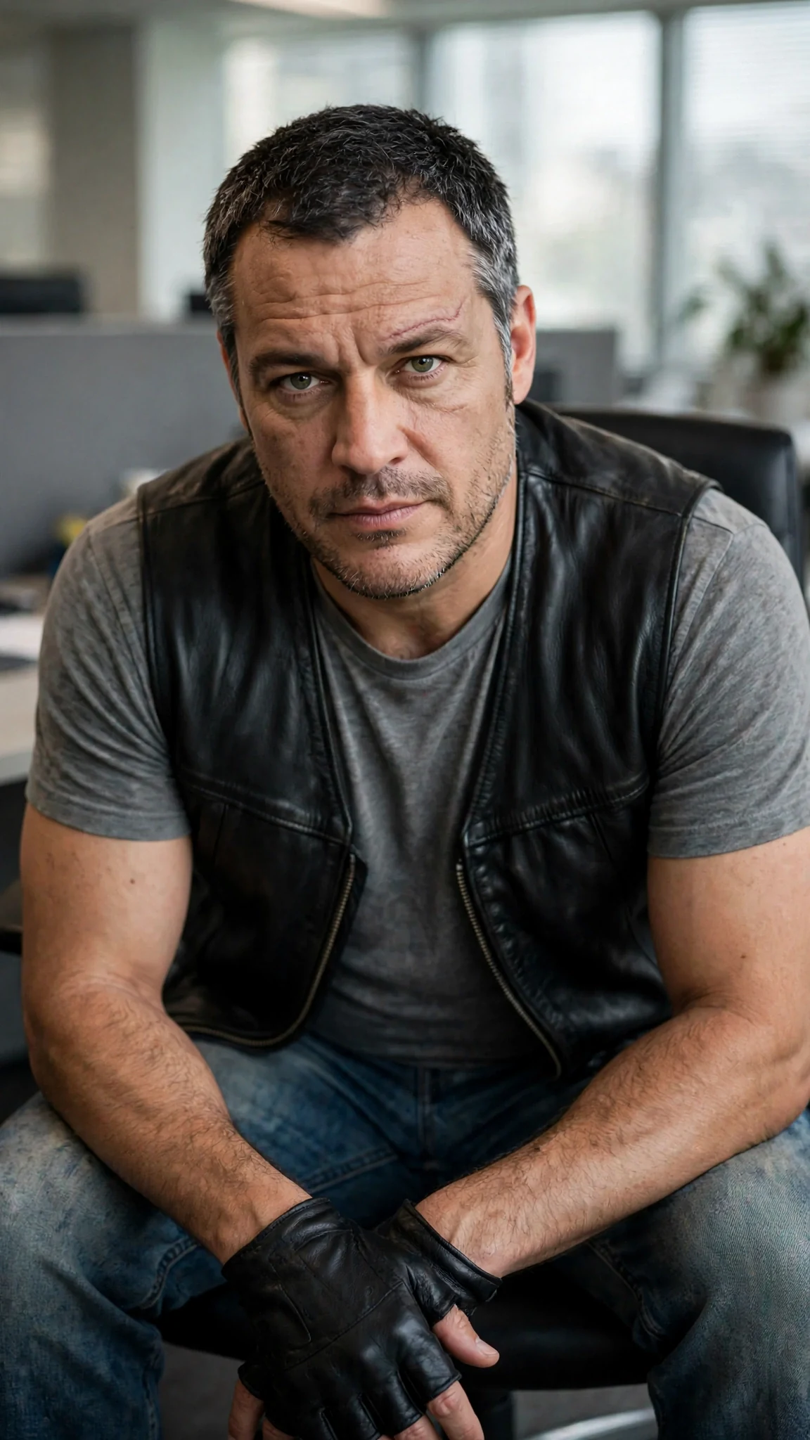 The biker leans forward in the office chair, elbows on his knees, eyes flat and patient.