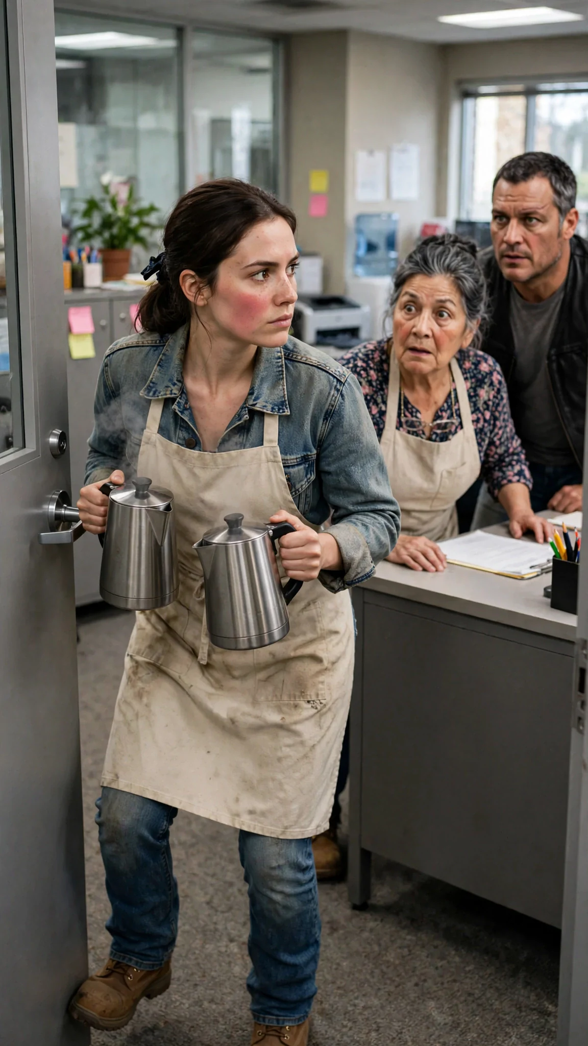 The waitress pushes the office door open with her foot, coffee pots still in her hands, chin up.
