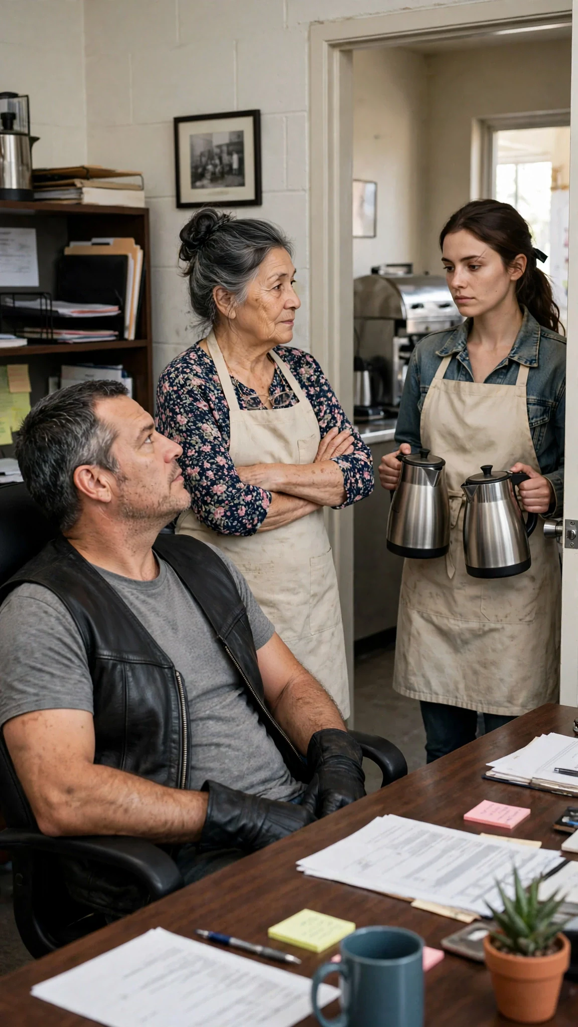 The biker looks up at the waitress in the doorway, smoke-gray eyes steady on her.
