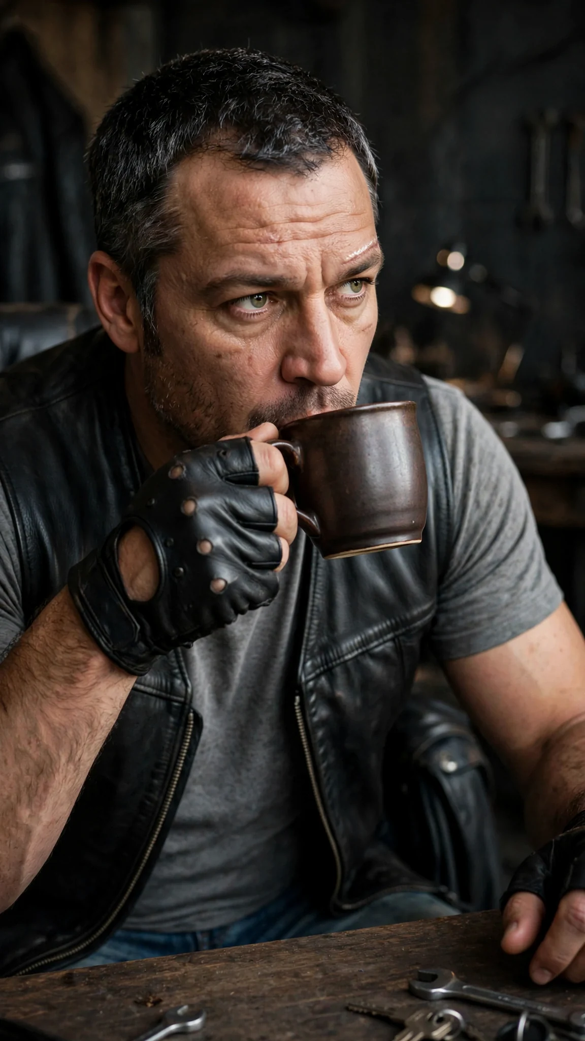The biker sips his coffee without dropping his stare on the waitress.