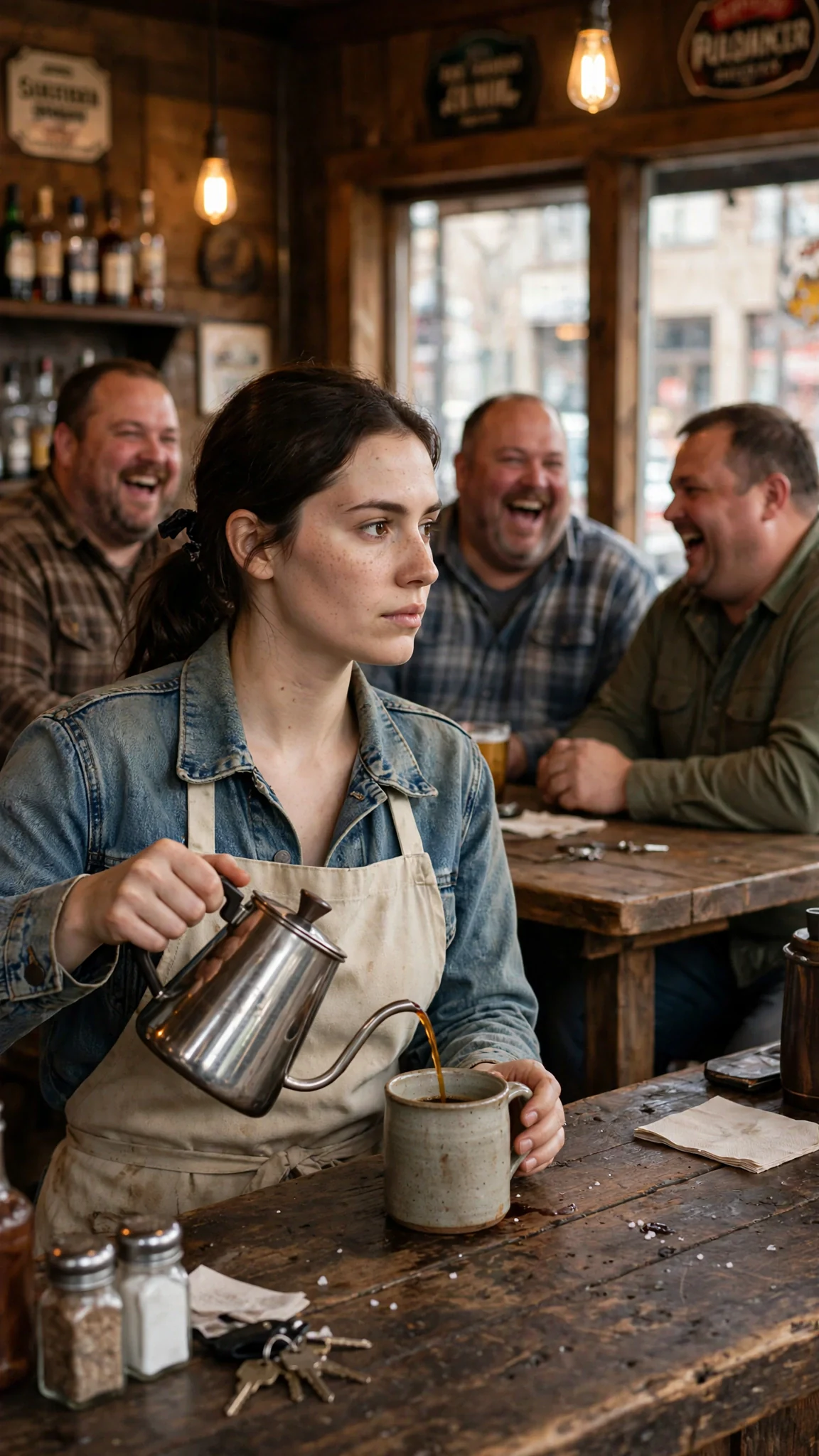 Behind the bar, the waitress pours coffee while a table of rough regulars laughs at her back.