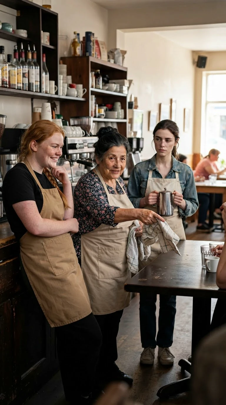 A strawberry-blonde waitress leans over the bar with a sharp grin while the older woman glares at the customers.