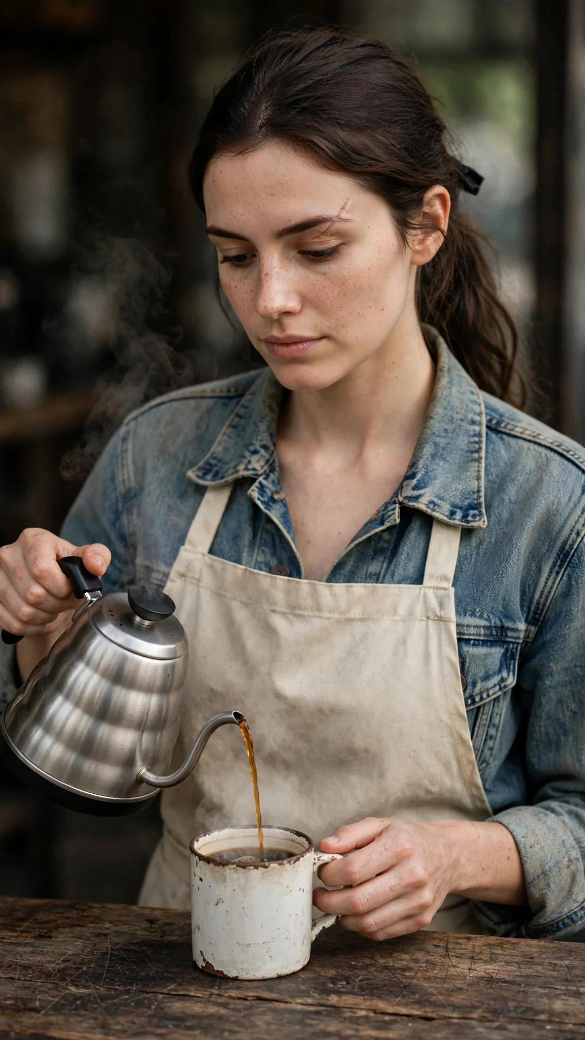 Close on the waitress's steady hands pouring coffee, her face calm and cold.