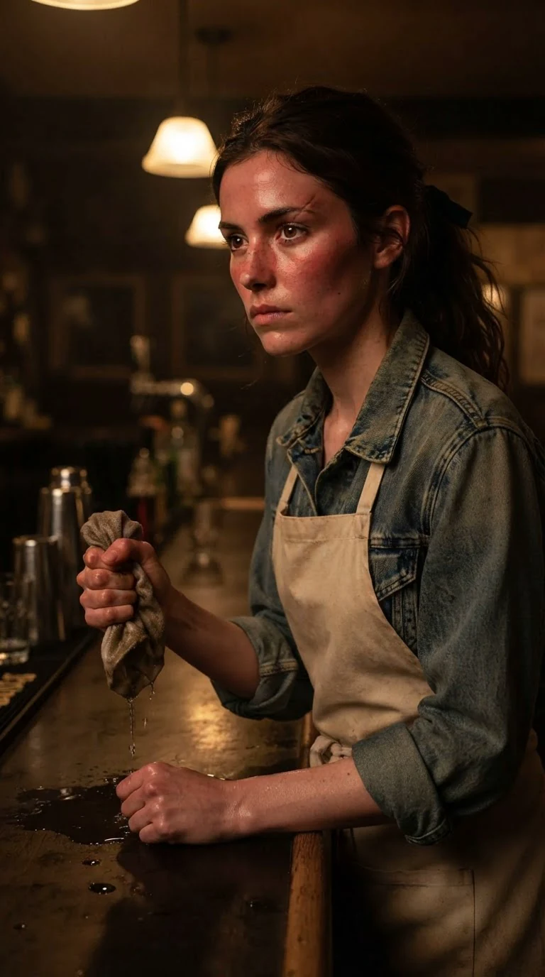 The waitress stands frozen with a rag in her fist, listening to the men talk about her like she isn't there.