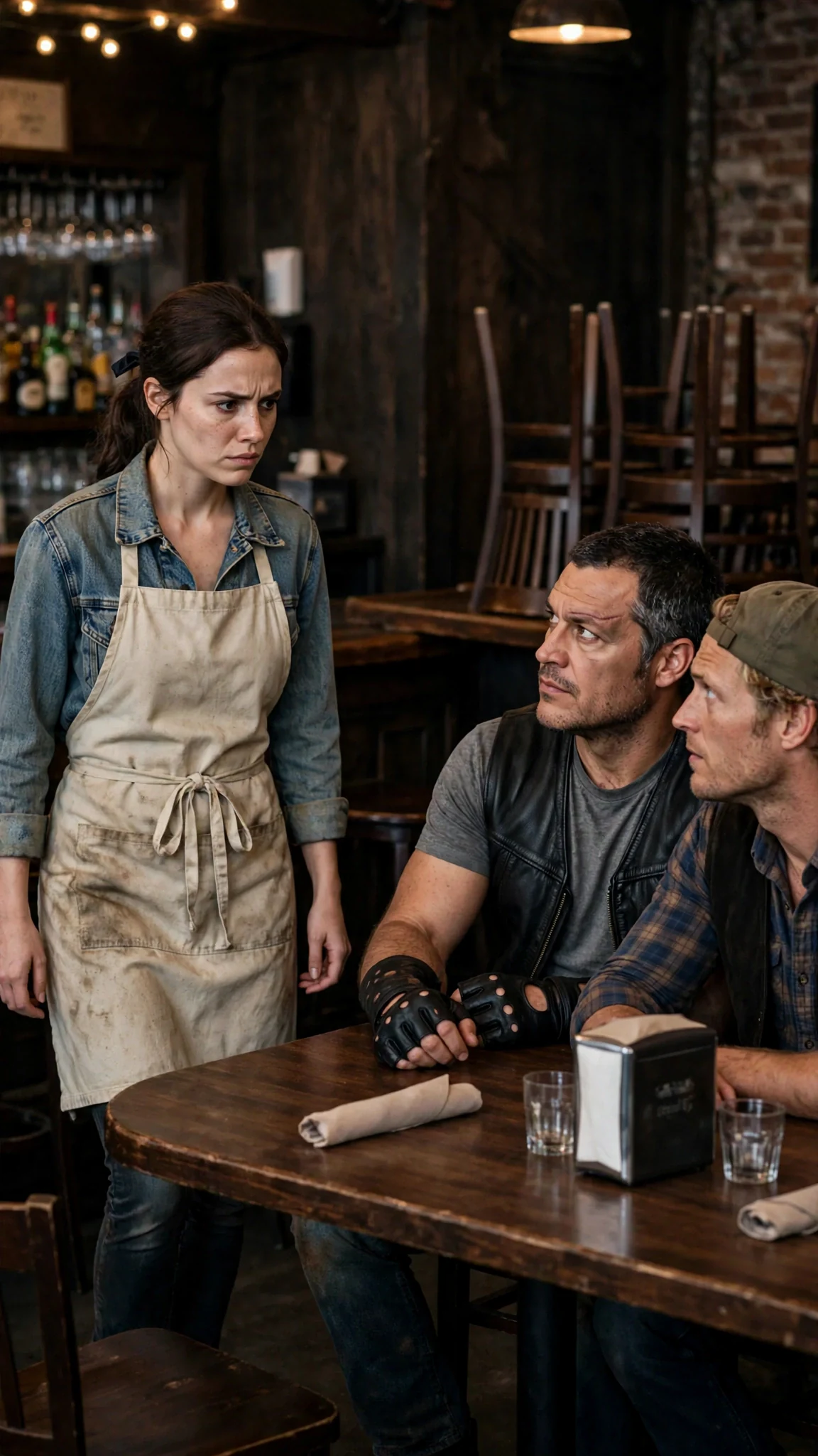 The waitress walks out from behind the bar toward the corner table, rag dropped, shoulders squared.
