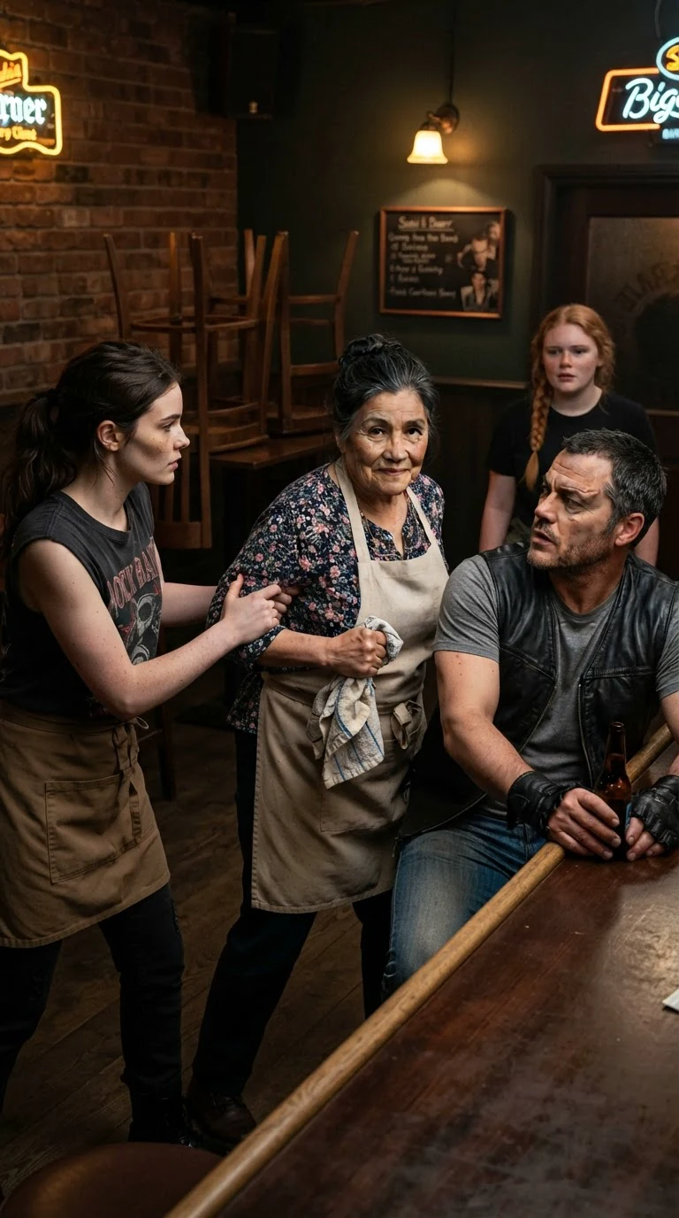 The older woman steps between them with a dish towel, and the strawberry-blonde waitress takes the young woman's arm.