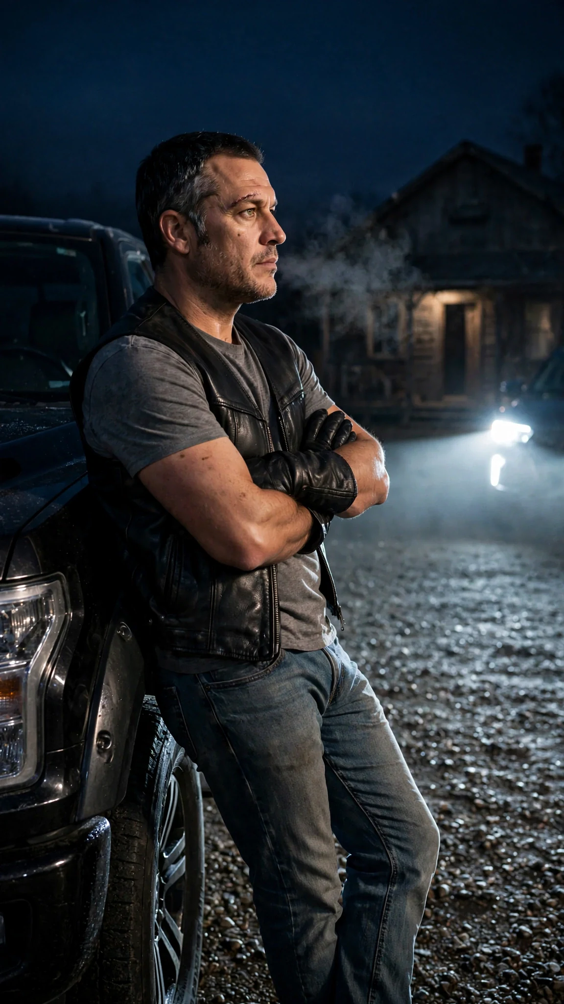 Outside the roadhouse at night, the president leans against his black truck, waiting.