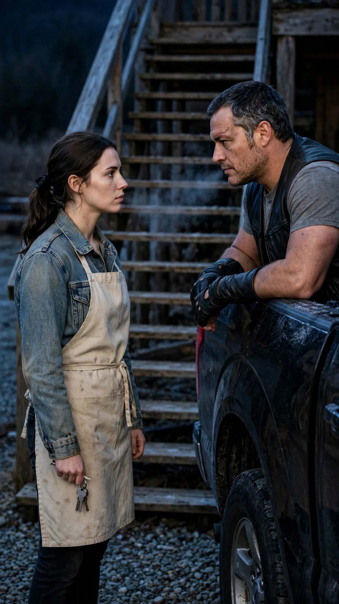 The waitress stops at the bottom of the stairs with her keys in her fist, facing the biker by the truck.