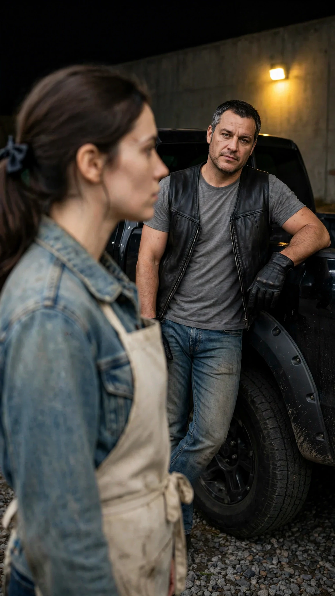 The biker pushes off the truck and says something flat, and the waitress stops dead.