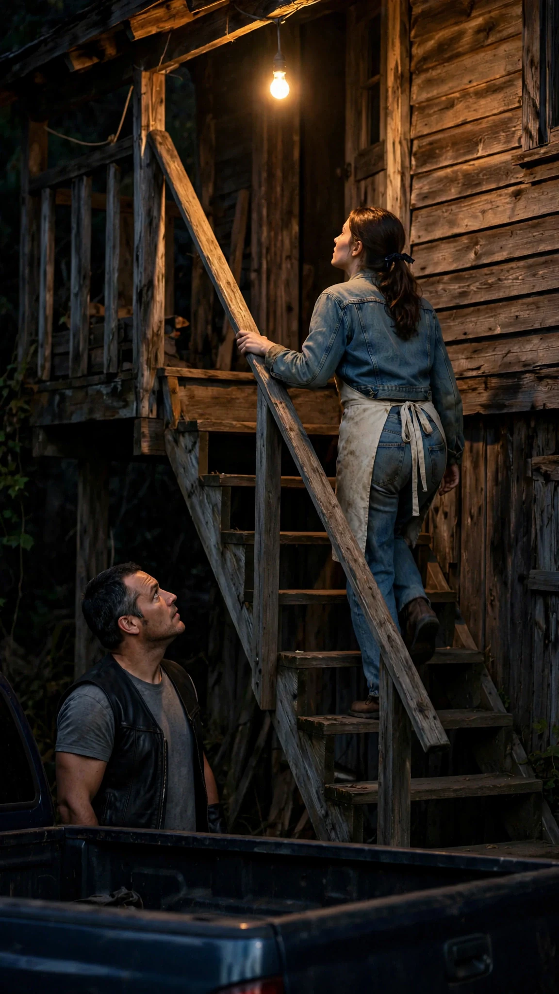 The waitress climbs the outside stairs alone, the biker watching her from below.