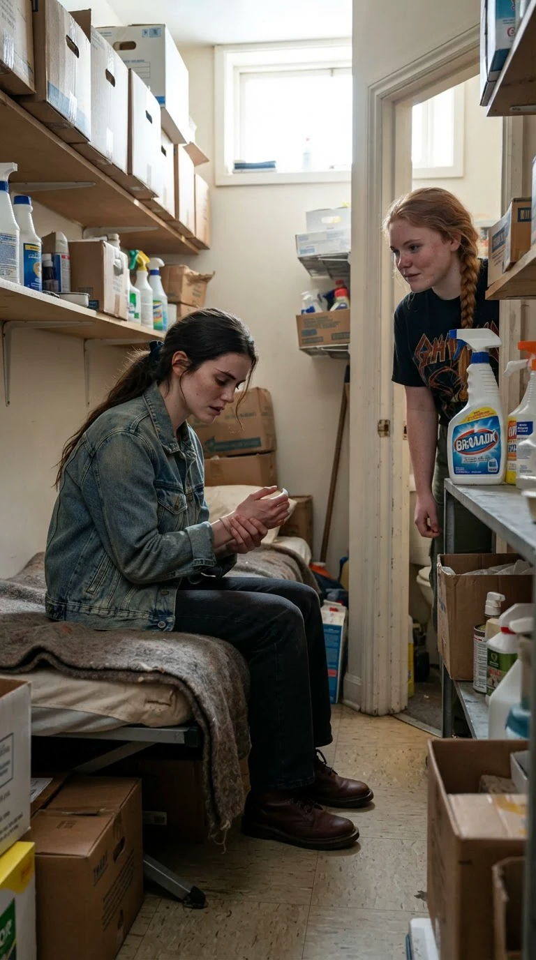 A bruised young woman sits on a cot while her friend stands worried in the doorway.