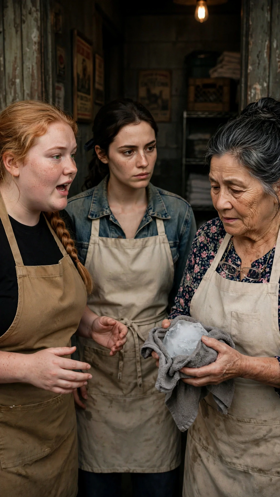 Greta and Dahlia stand in the roadhouse hall as Opal approaches with ice.
