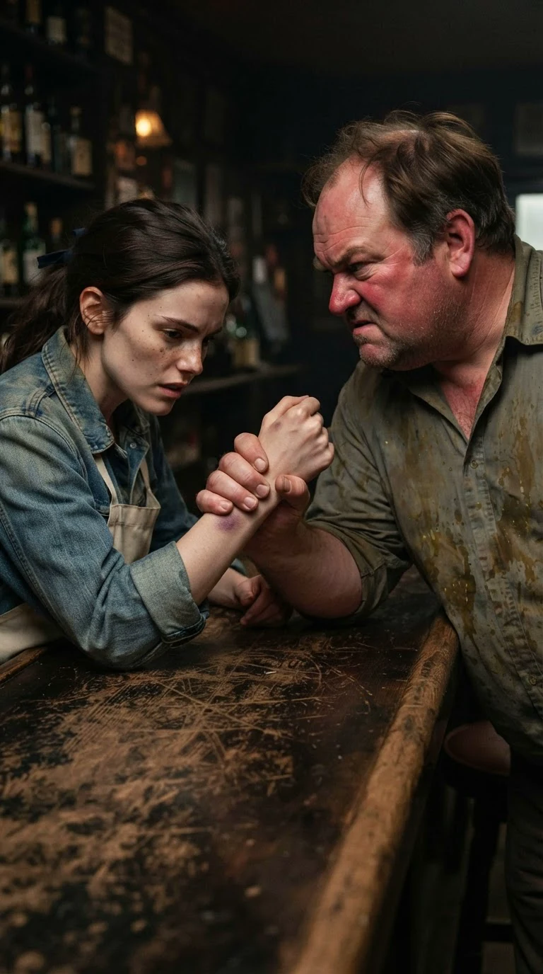 Curtis grips Dahlia's bruised wrist across the bar counter.