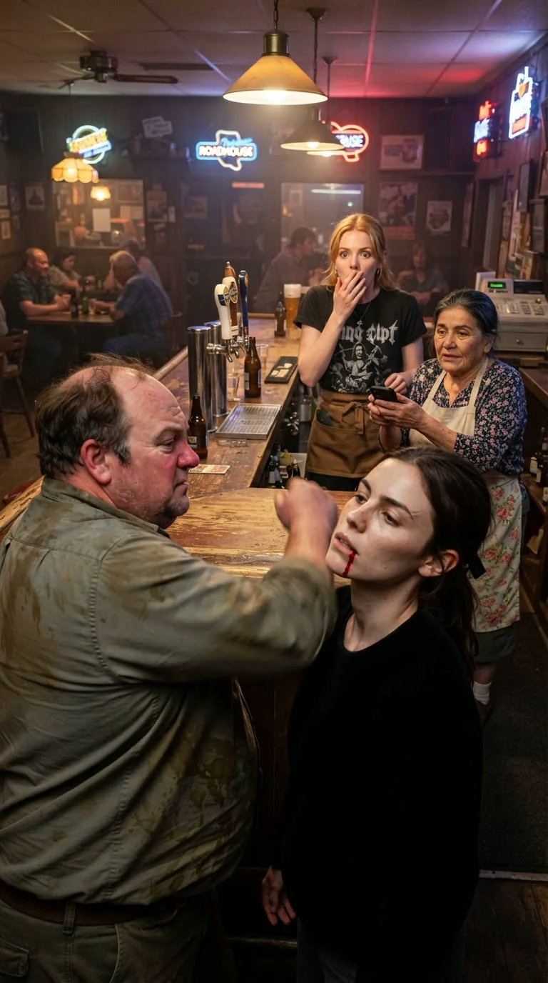 Curtis backhands Dahlia, splitting her lip as Opal and Greta react behind the bar.