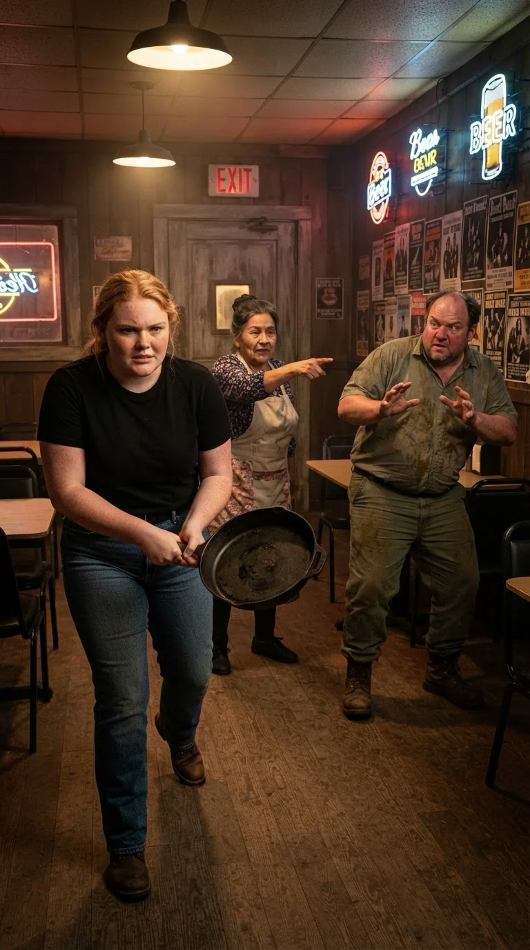 Greta holds a cast-iron pan like a weapon while Opal points Curtis to the door.