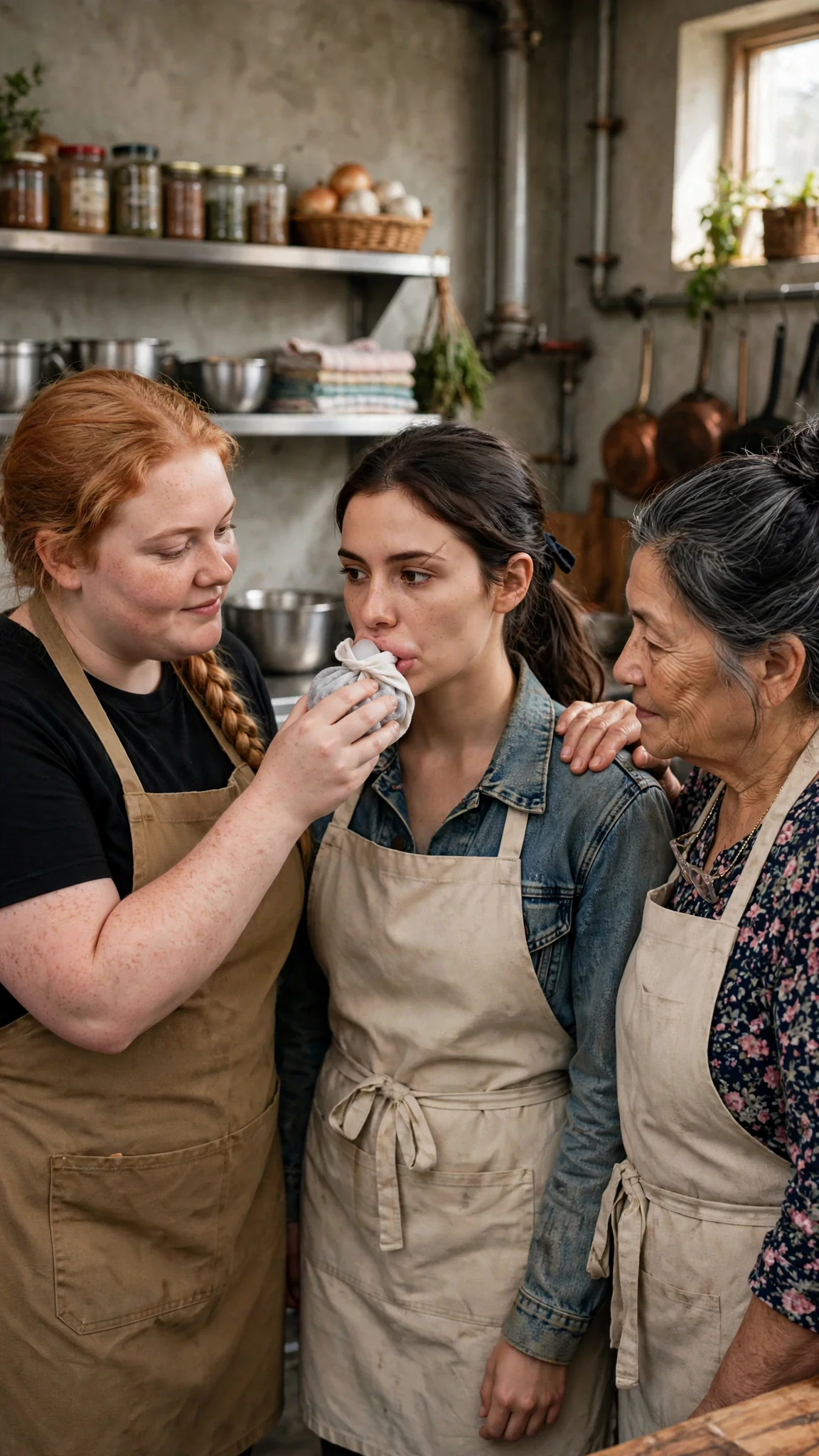 Greta holds ice to Dahlia's split lip while Opal rests a hand on her shoulder.