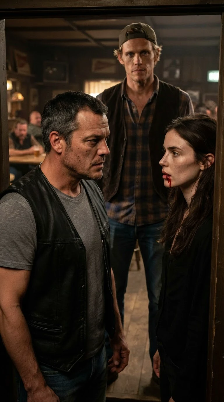 Riggs and Tuck enter the roadhouse and see Dahlia's bloody lip.