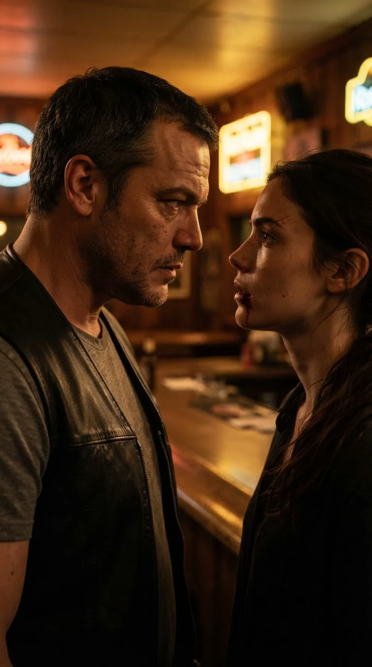 Riggs steps closer to Dahlia, their faces close, tension sharp between them.