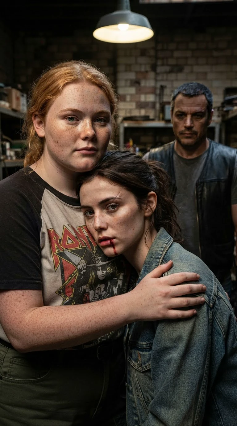 Greta rests a steady hand on Dahlia's back while Riggs watches from across the room.