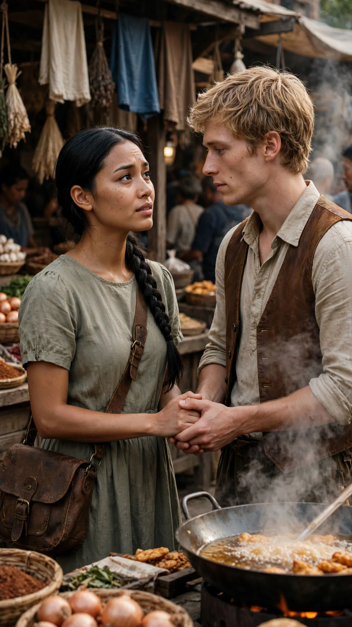 A young woman in a plain dress stands in a market crowd while a sandy-haired man holds her hand.
