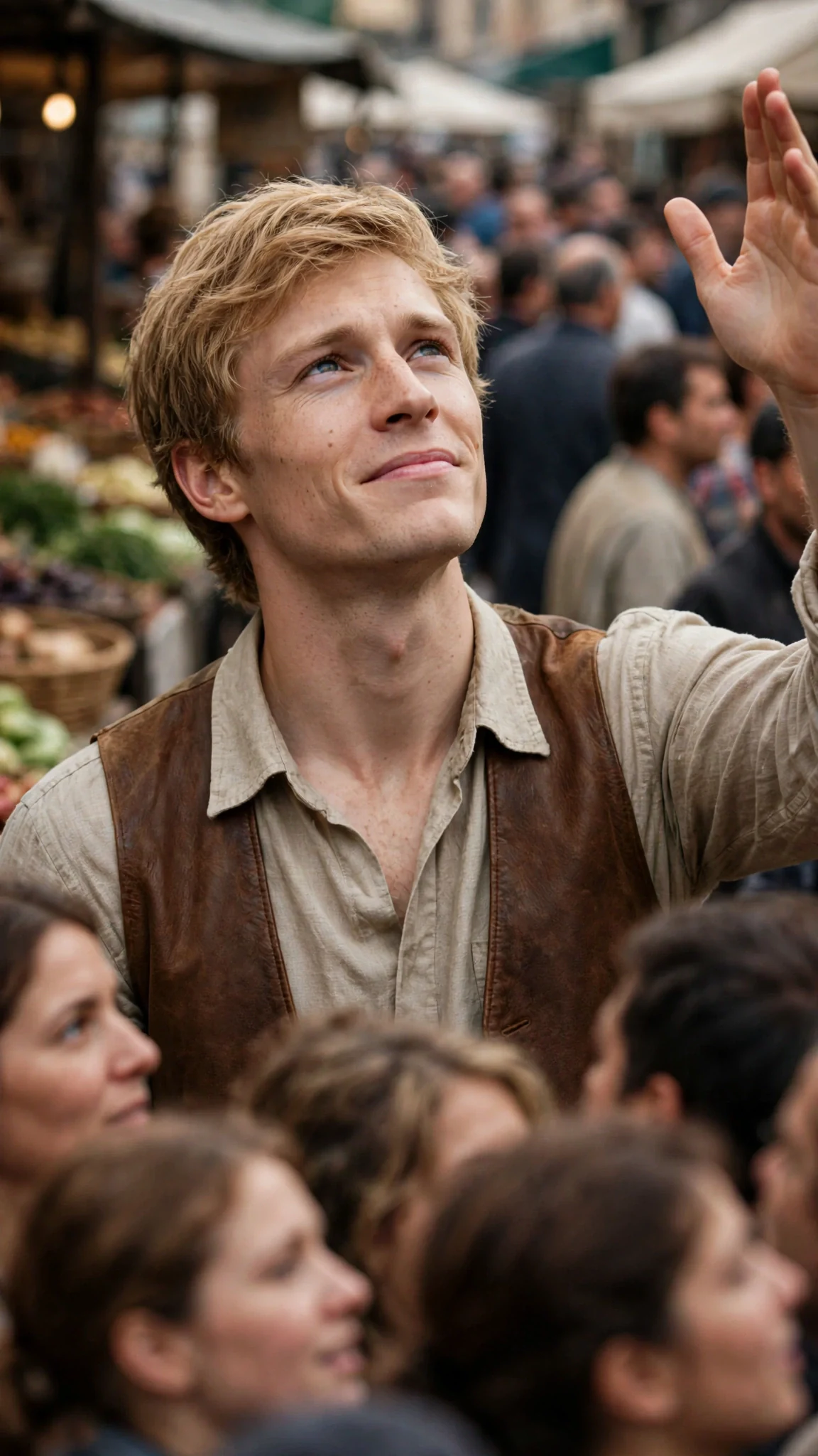 The sandy-haired man announces his rejection to the crowd, chin raised.