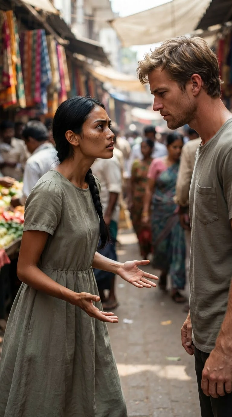 The dark-braided woman steps forward, hurt and angry, confronting the man.