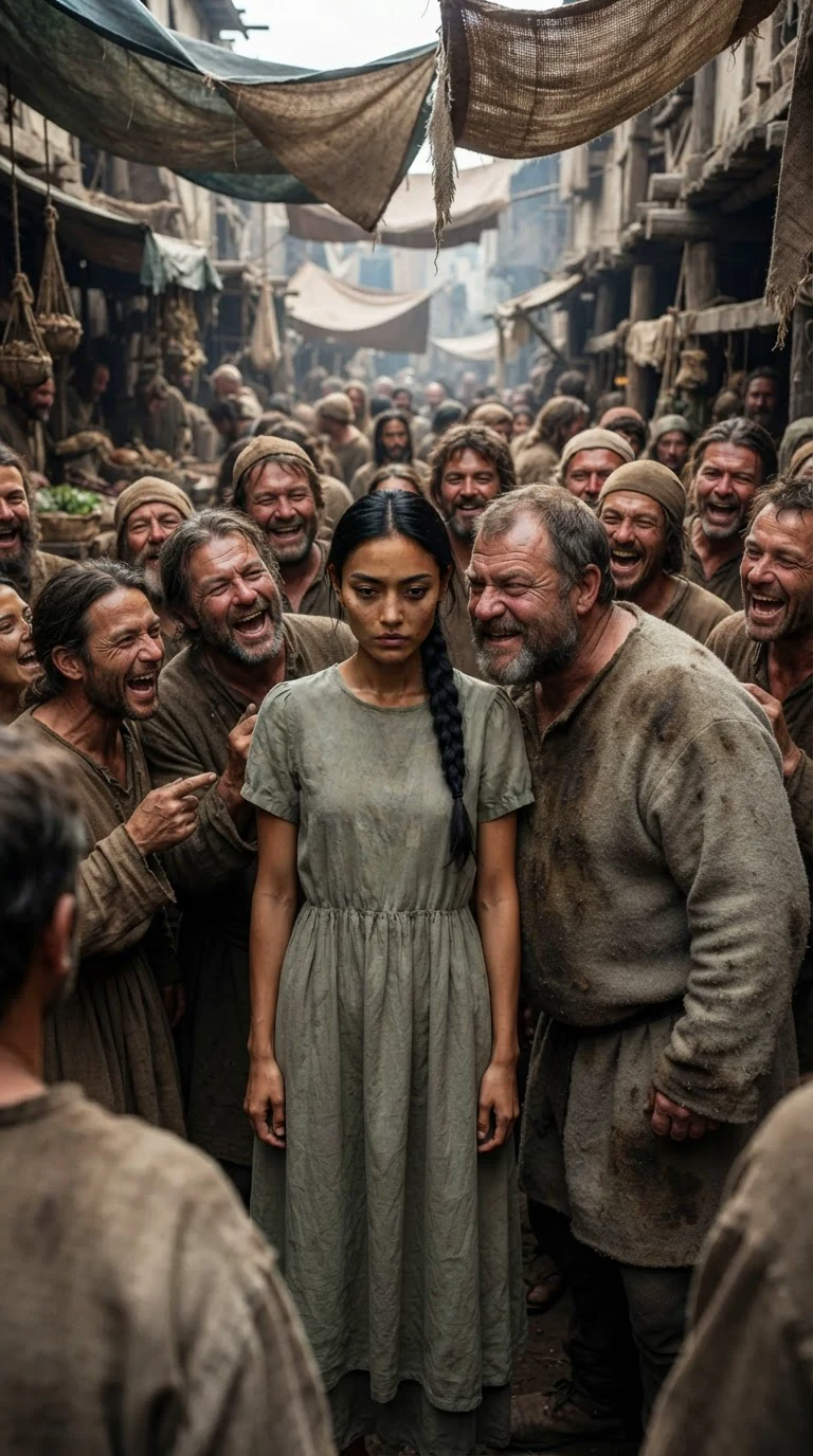 A jeering crowd of market-goers surrounds the woman, one man leaning in to speak.