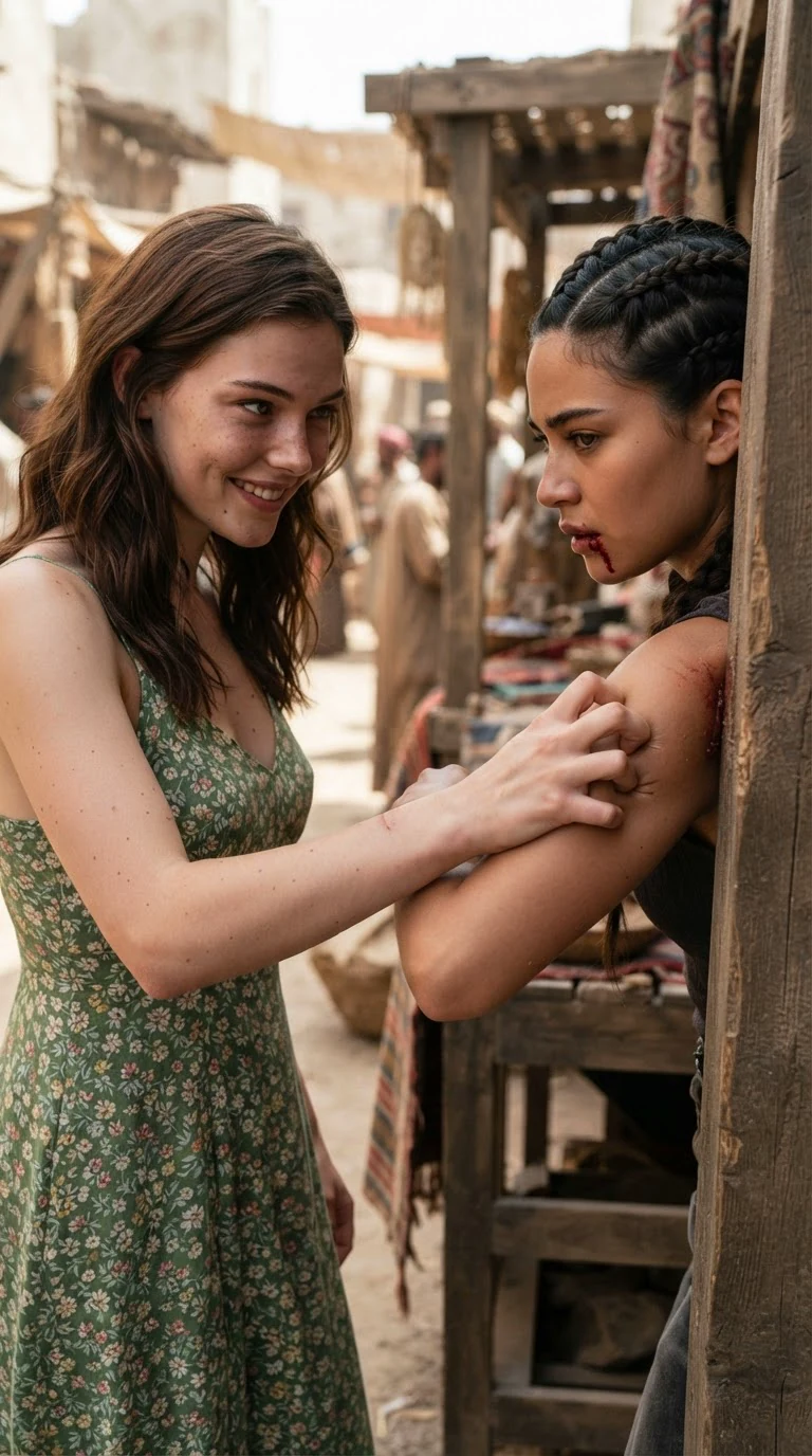 The chestnut-haired woman grips the braided woman's arm with her nails and shoves her.