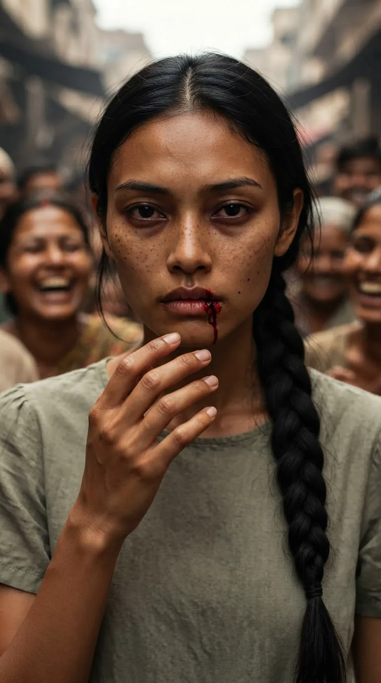 Blood runs to the woman's chin as the crowd laughs around her.