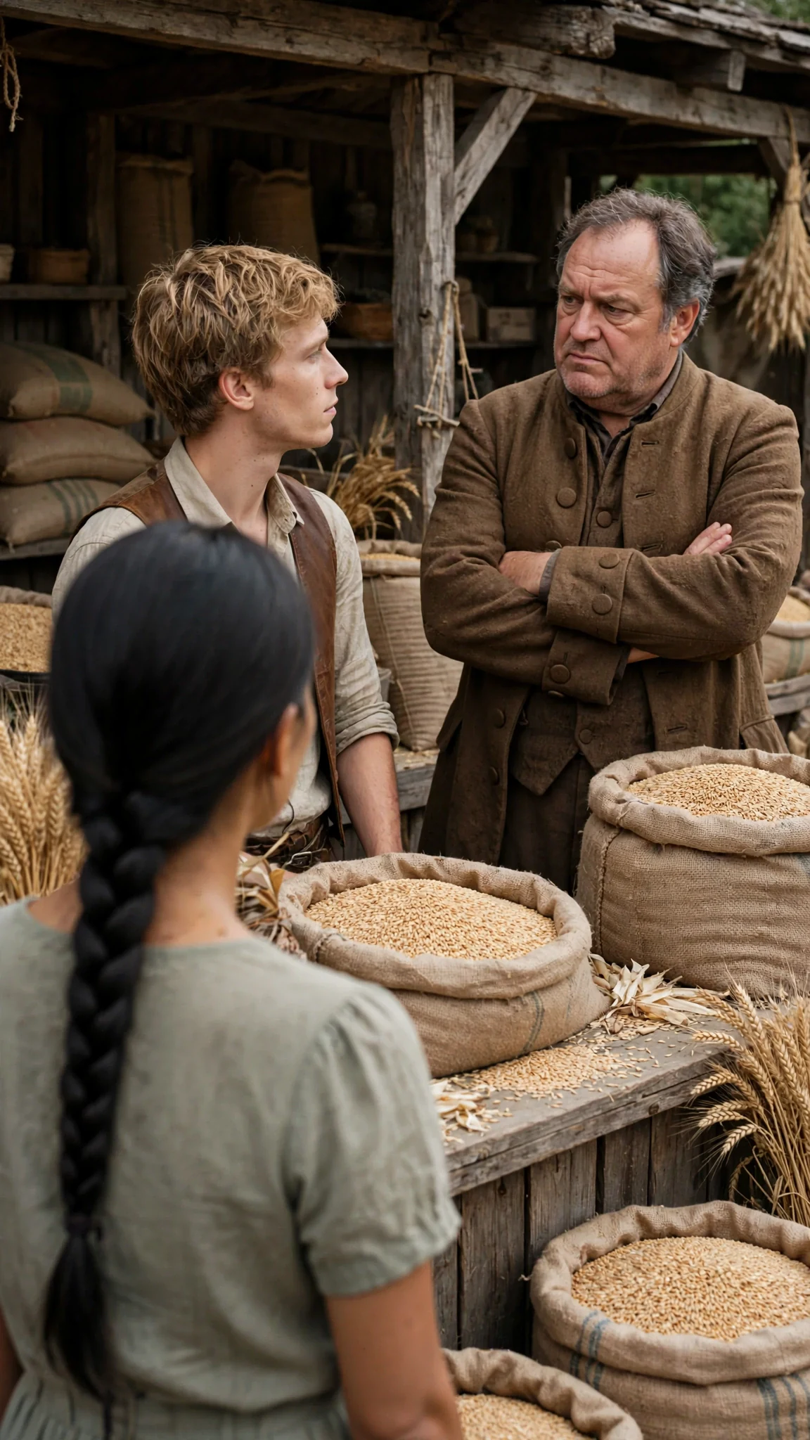 A heavy gray-haired man in a merchant coat nods slowly at the sandy-haired man.