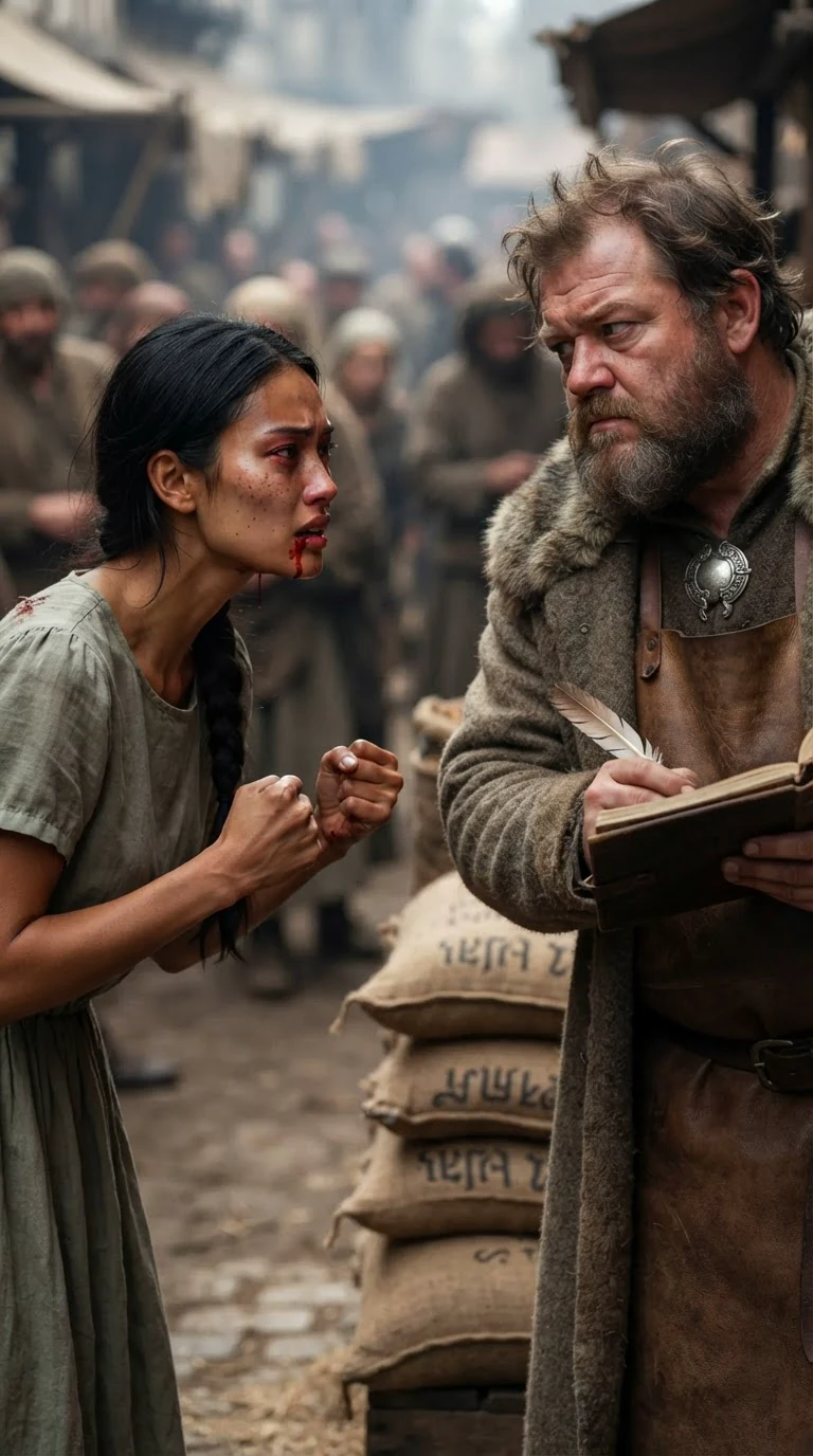The bleeding woman confronts her father across the grain stall.