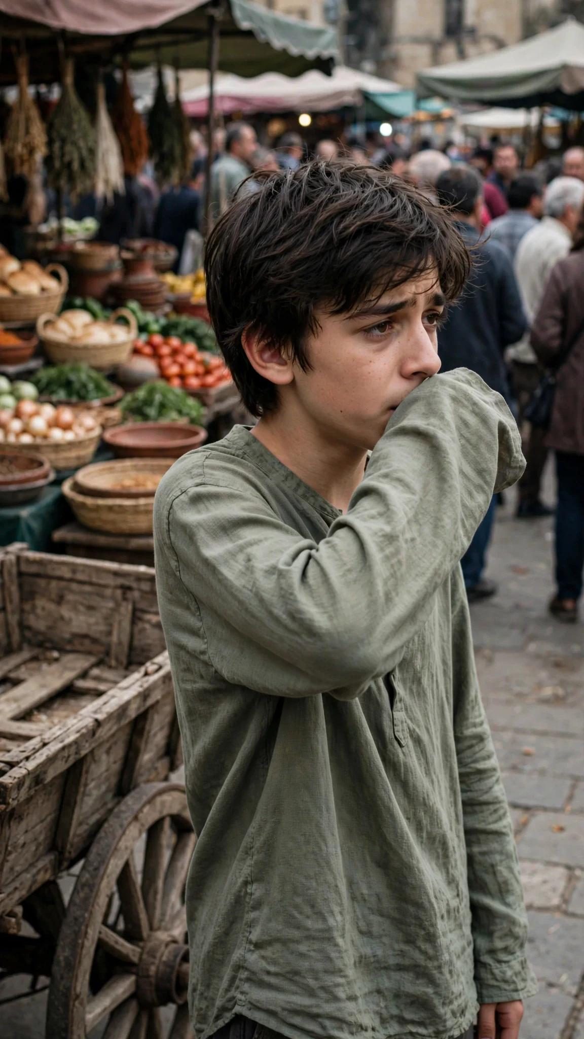 A thin, tired teenage boy with an empty cart coughs into his sleeve at the edge of the crowd.