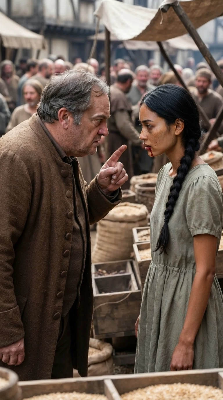 The merchant leans close to his bleeding daughter, speaking low and hard.