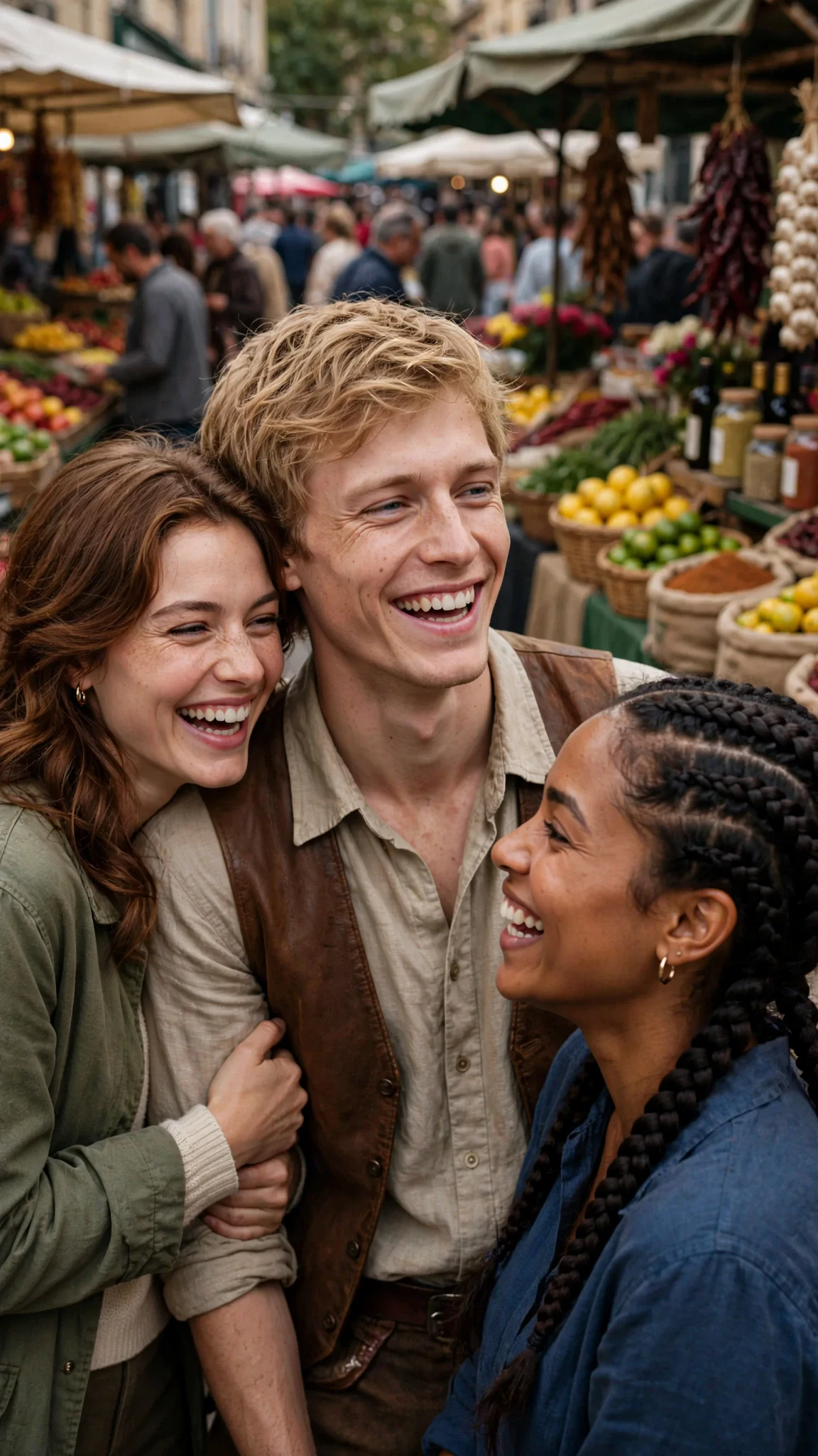 The sandy-haired man speaks with the chestnut-haired woman on his arm, both laughing.