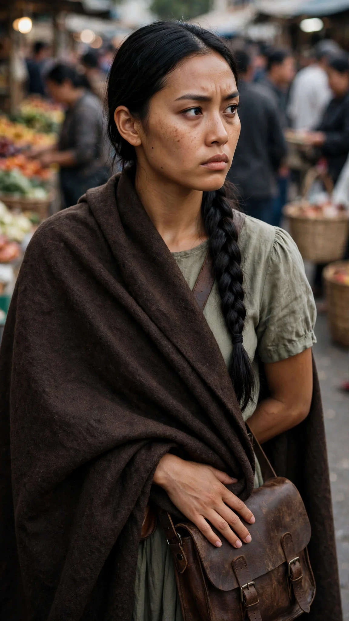The woman pulls her cloak over a heavy leather satchel at her hip.