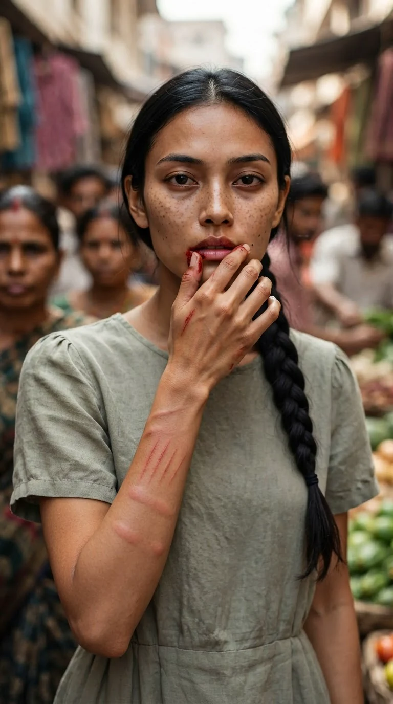 The woman wipes blood from her mouth, red nail marks on her forearm.