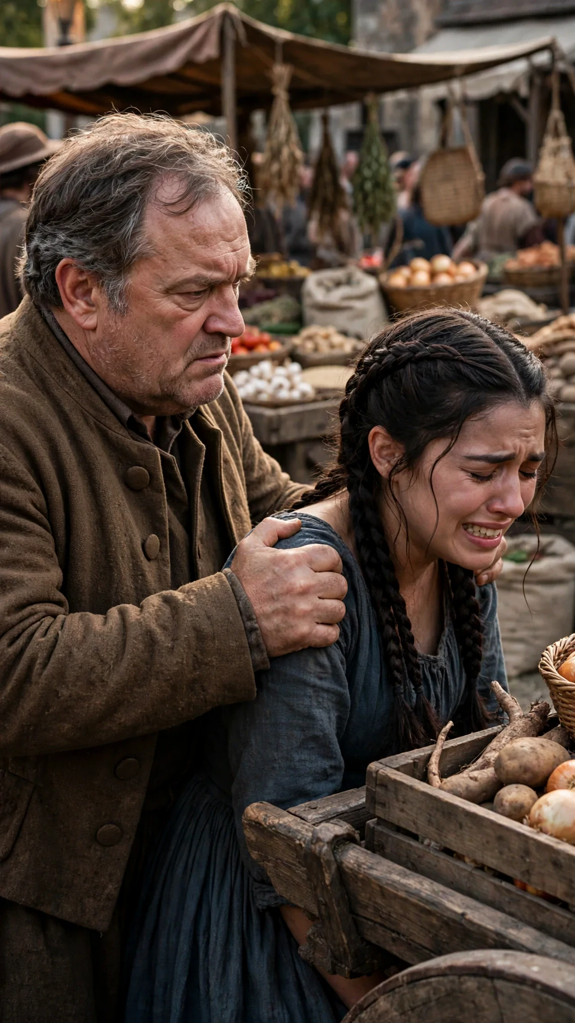 The merchant grips his daughter's shoulder hard and steers her toward the cart.