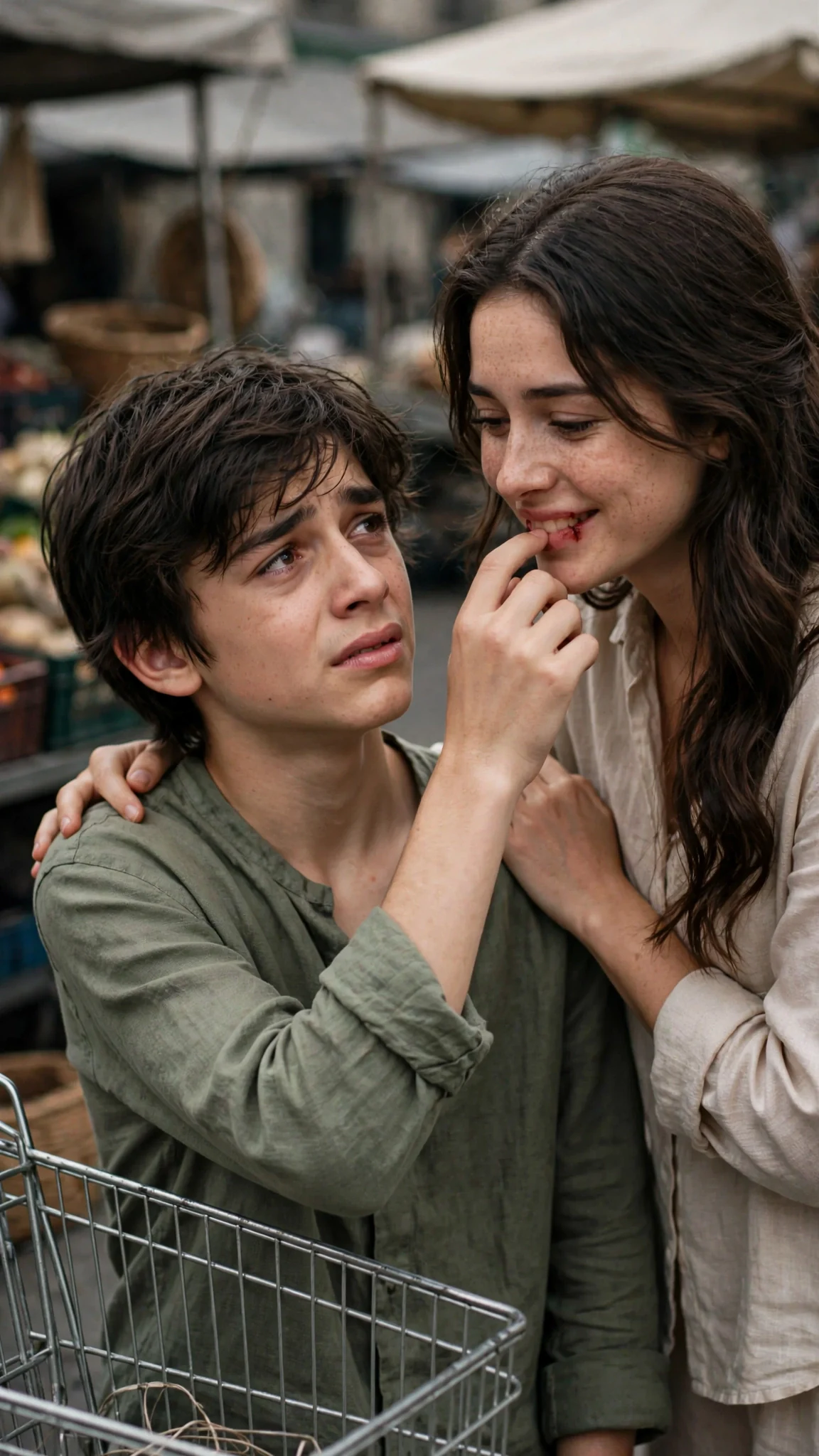 The thin boy touches his sister's bleeding mouth with worry.
