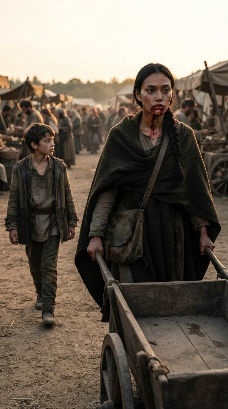 The braided woman drags the empty cart away from the market at dusk, her brother beside her.