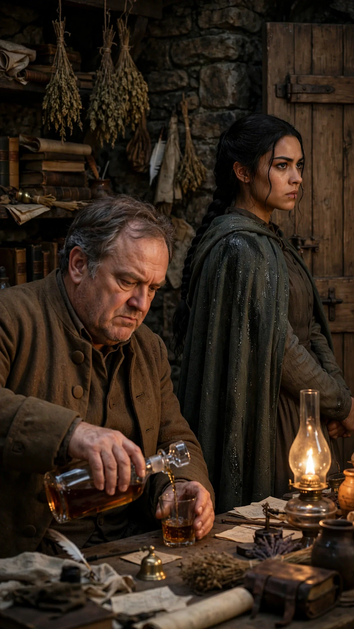 A heavy older man in a brown merchant coat pours himself a drink in a dim study while his daughter stands wet and angry by the door.