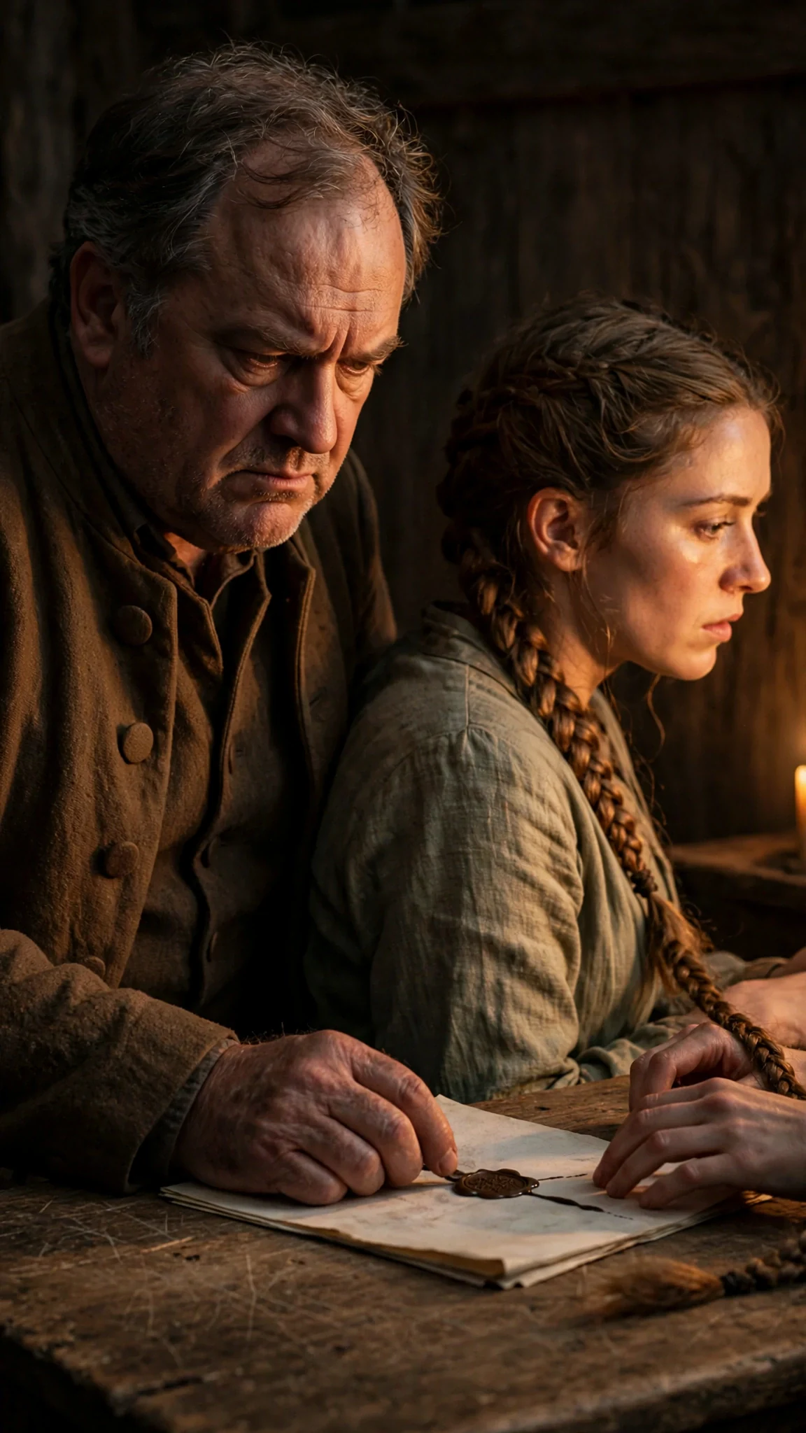 The older man slides a sealed debt paper across a wooden desk toward his daughter.
